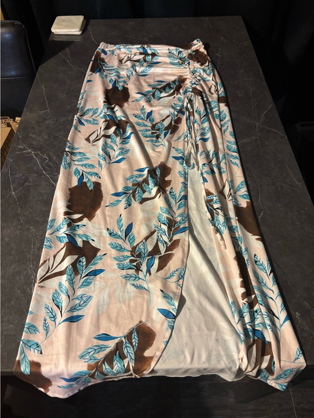 SHEIN Beige Satin Swim Coverup Skirt with Teal and Brown Leaf Print